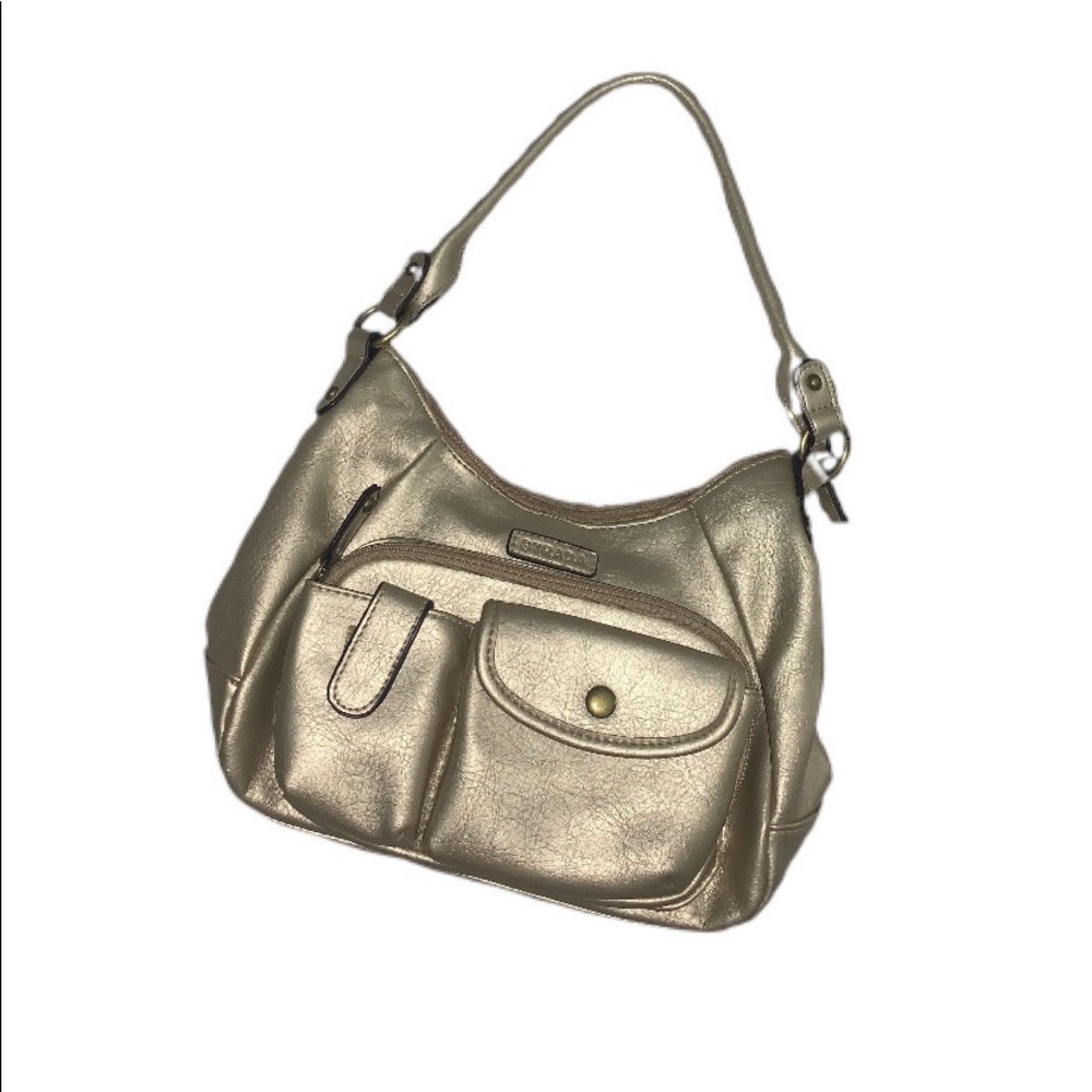 gold y2k shoulder bag with pockets.